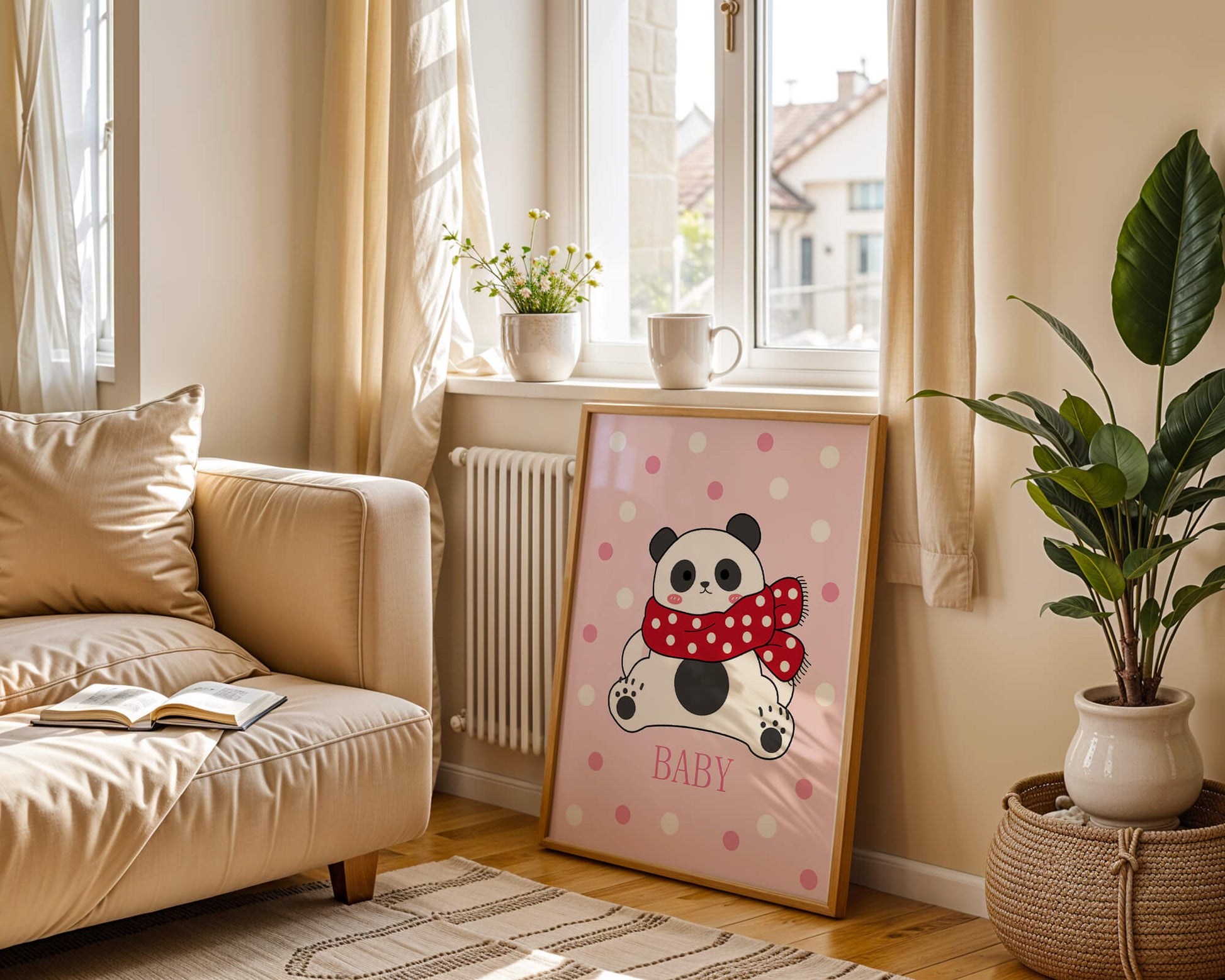 Cartoon panda with red scarf on pink polka dot background