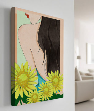 Ilustración de una mujer elegante con girasoles y cabello largo y oscuro