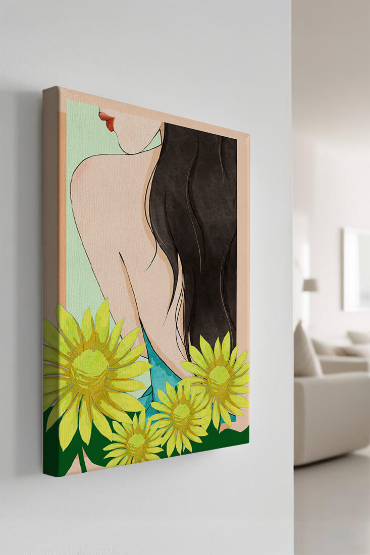 Ilustración de una mujer elegante con girasoles y cabello largo y oscuro