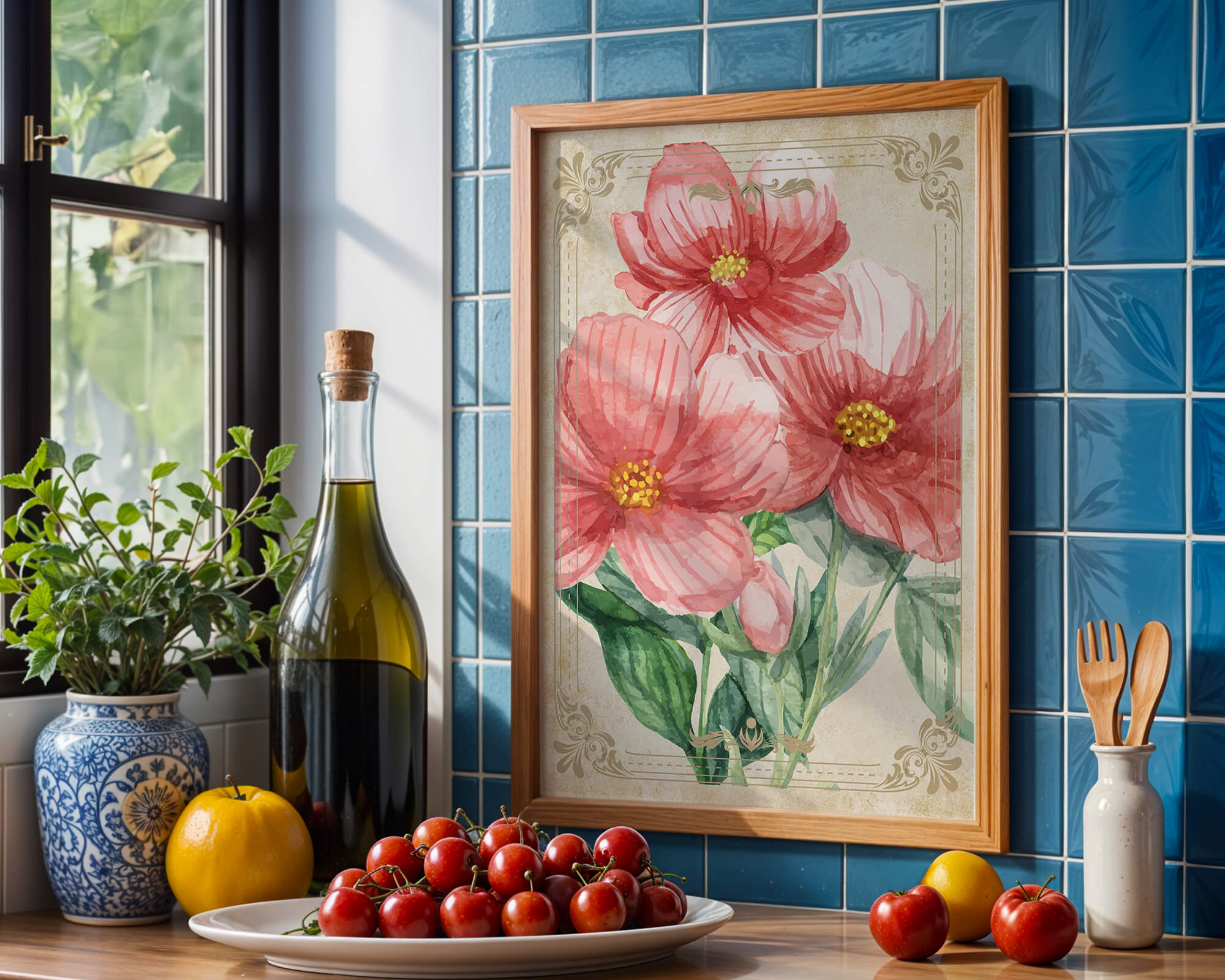 Watercolor floral illustration with pink blooms and green foliage