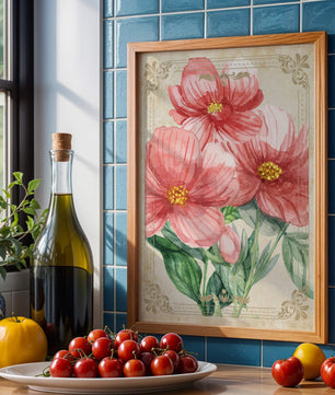 Watercolor floral illustration with pink blooms and green foliage