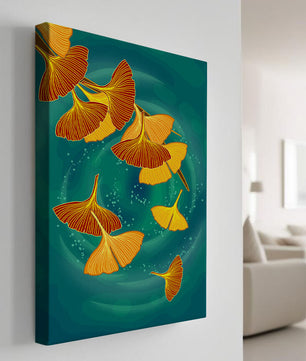 Blätter des Ginkgo-Stylings auf einem türkisfarbenen Hintergrund schweben