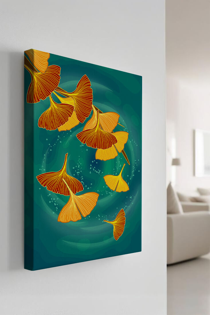Stylized Ginkgo Leaves Floating on a Turquoise Background