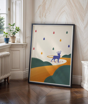 Colorful abstract deer illustration within a serene landscape