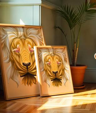 Lion Face with Intricate Golden Pattern and Flowing Mane