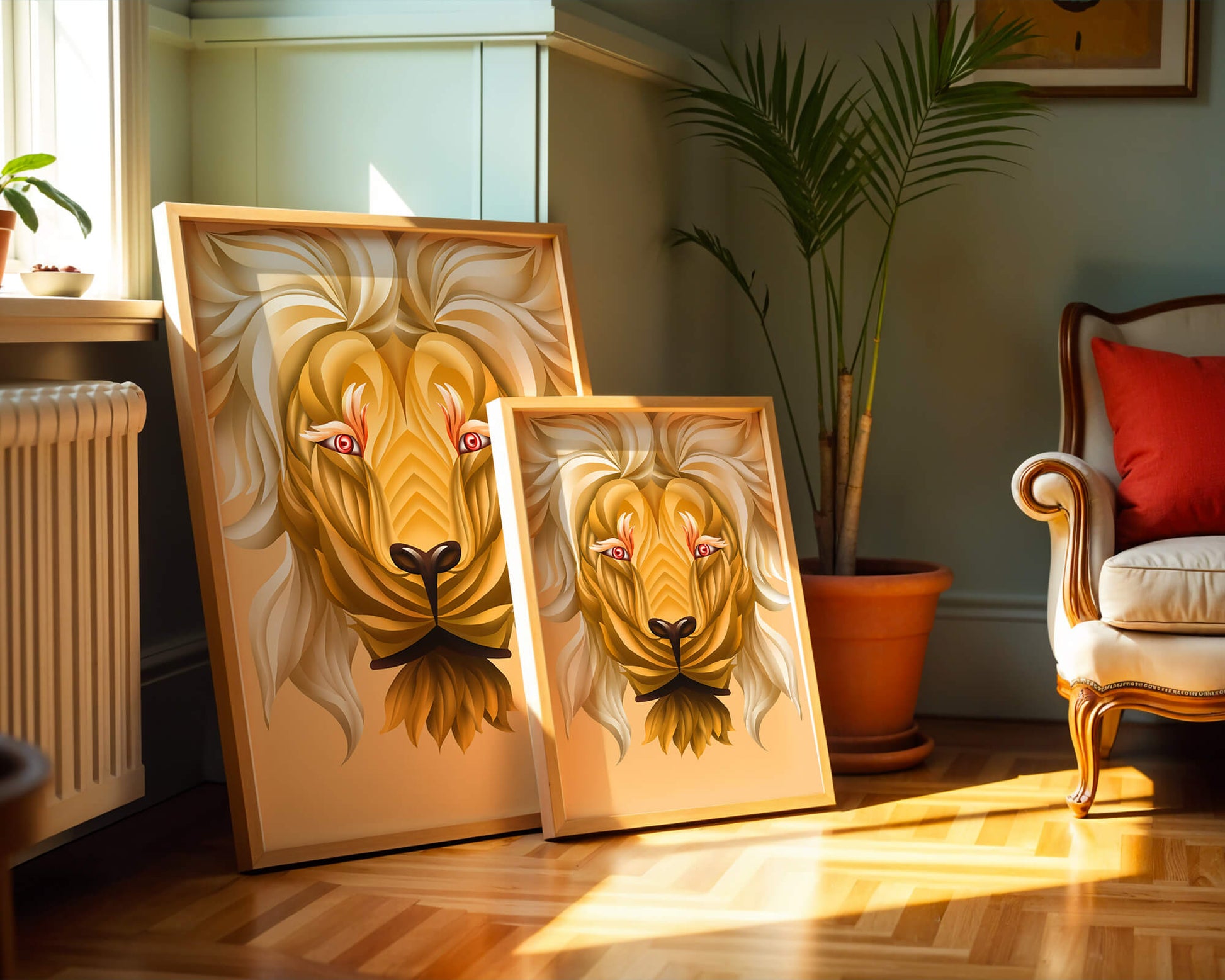 Lion Face with Intricate Golden Pattern and Flowing Mane