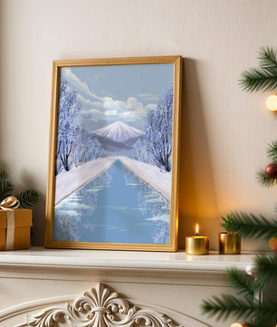 Serene winter landscape with mountain and snowy trees reflecting in water