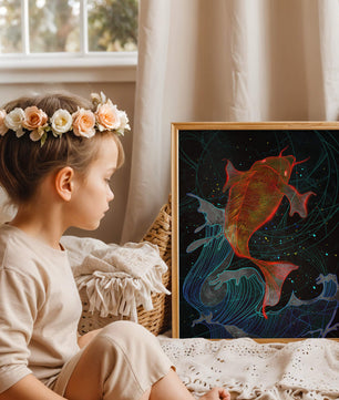 Koi Fish with Abstract Waves in Vibrant Colors