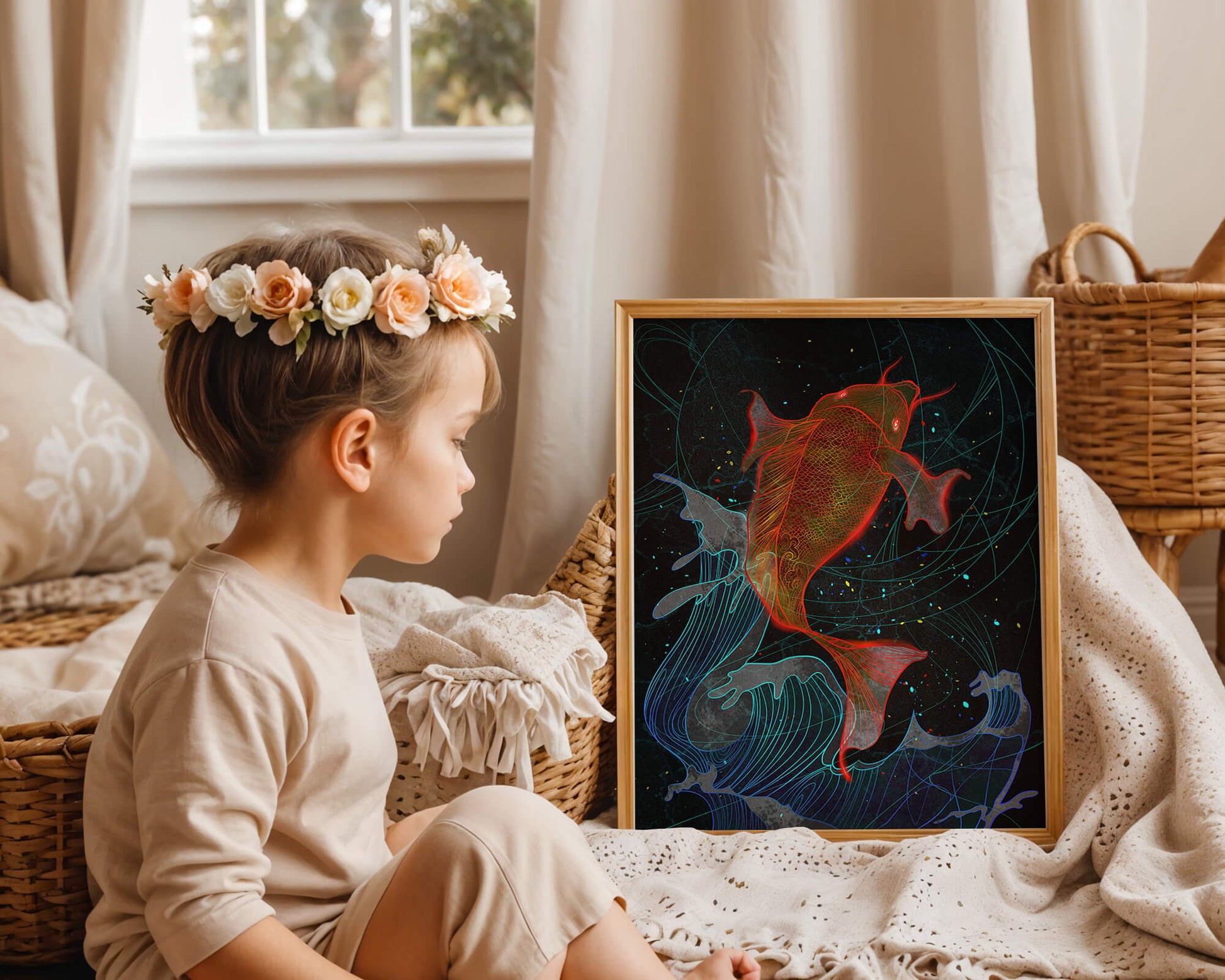 Koi Fish with Abstract Waves in Vibrant Colors