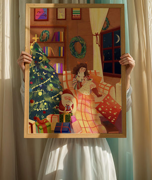 Cozy Christmas scene with tree, gifts, and a child by the window