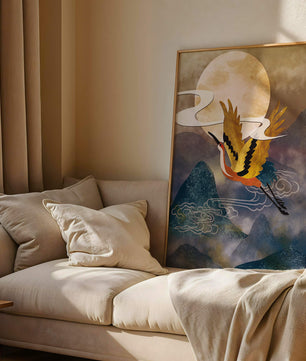 Majestic Gold-Crimson Crane Flying Over Misty Mountains in Moonlight