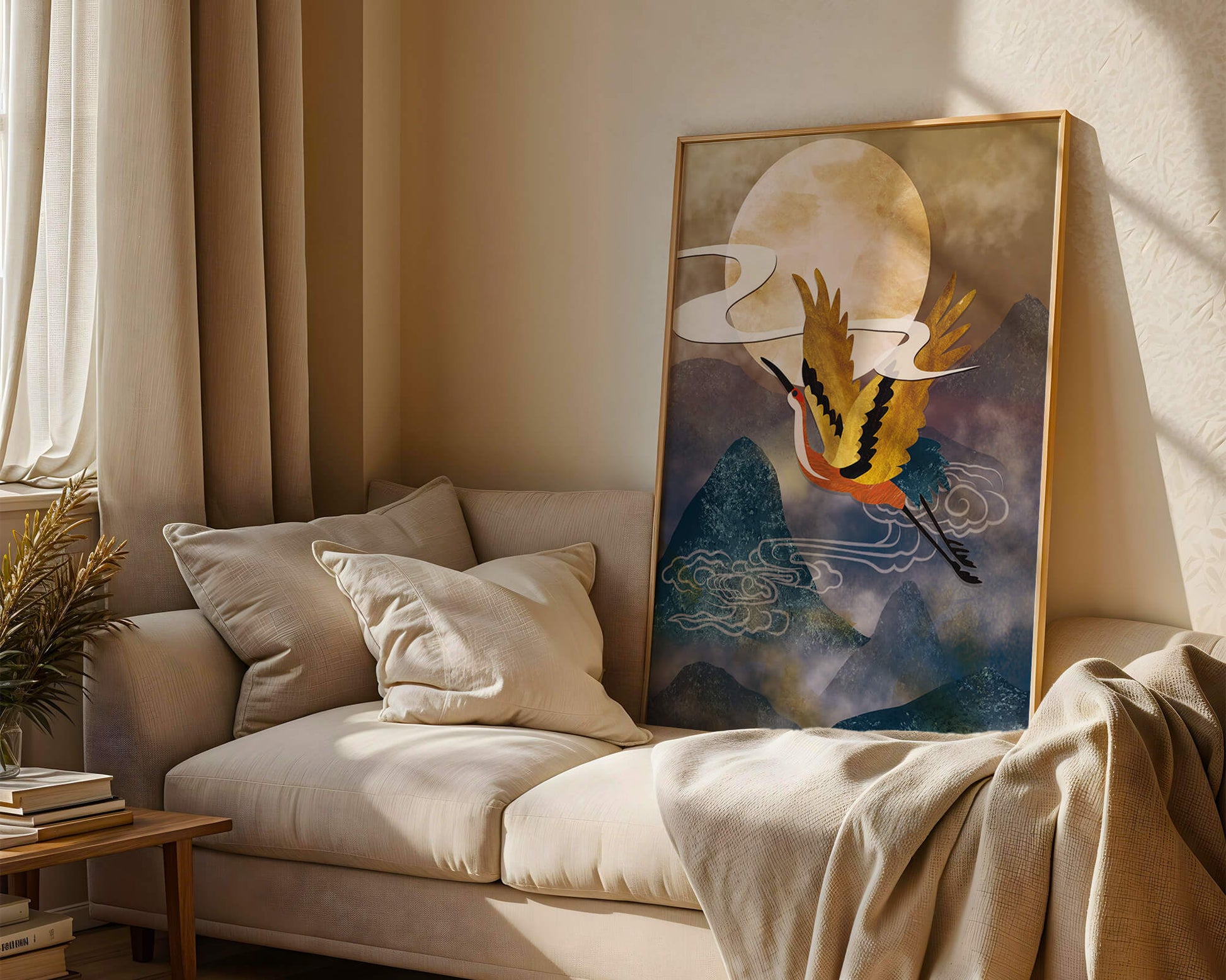 Majestic Gold-Crimson Crane Flying Over Misty Mountains in Moonlight