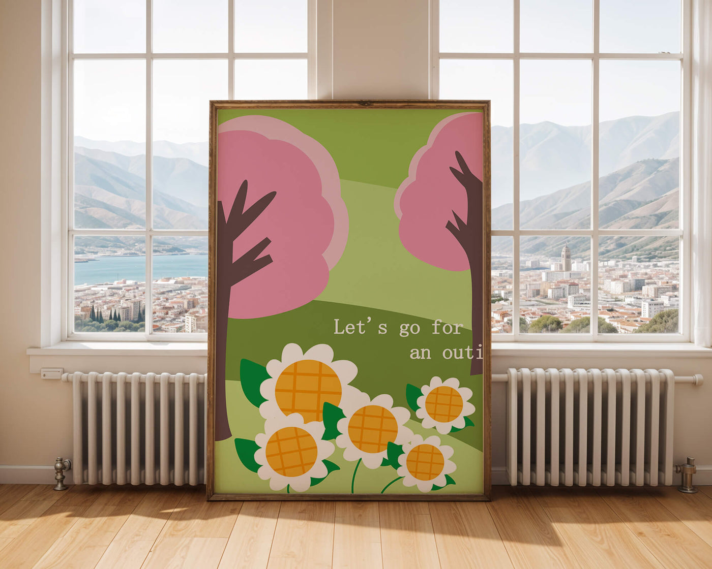 Charming spring landscape with pink trees and daisies