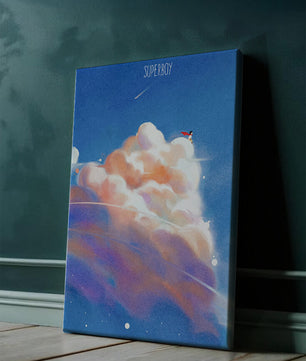 Whimsical illustration of superboy with dreamy cloudscape