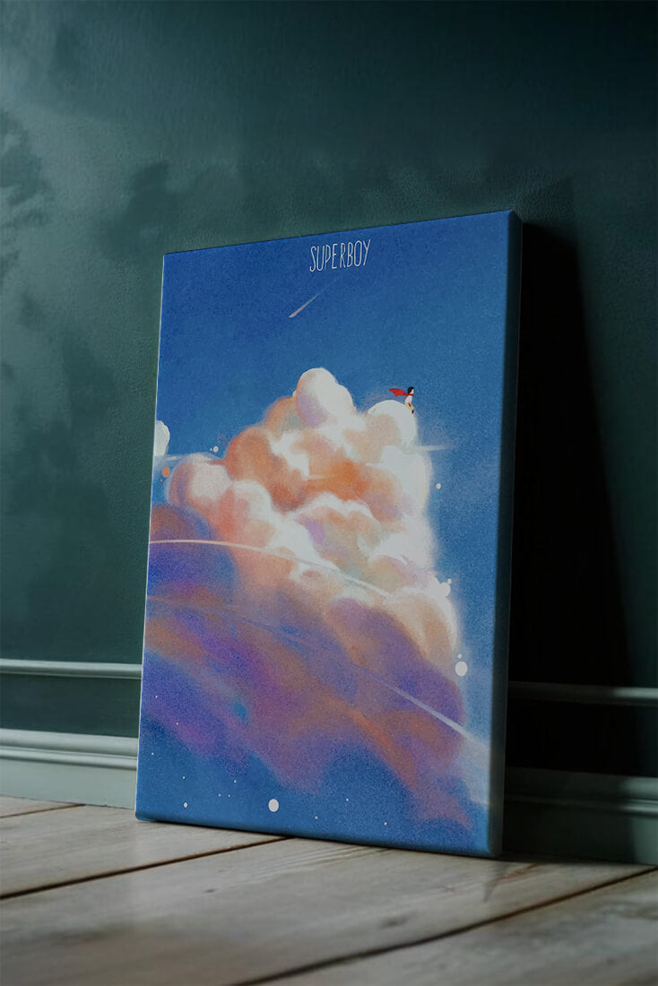 Whimsical illustration of superboy with dreamy cloudscape