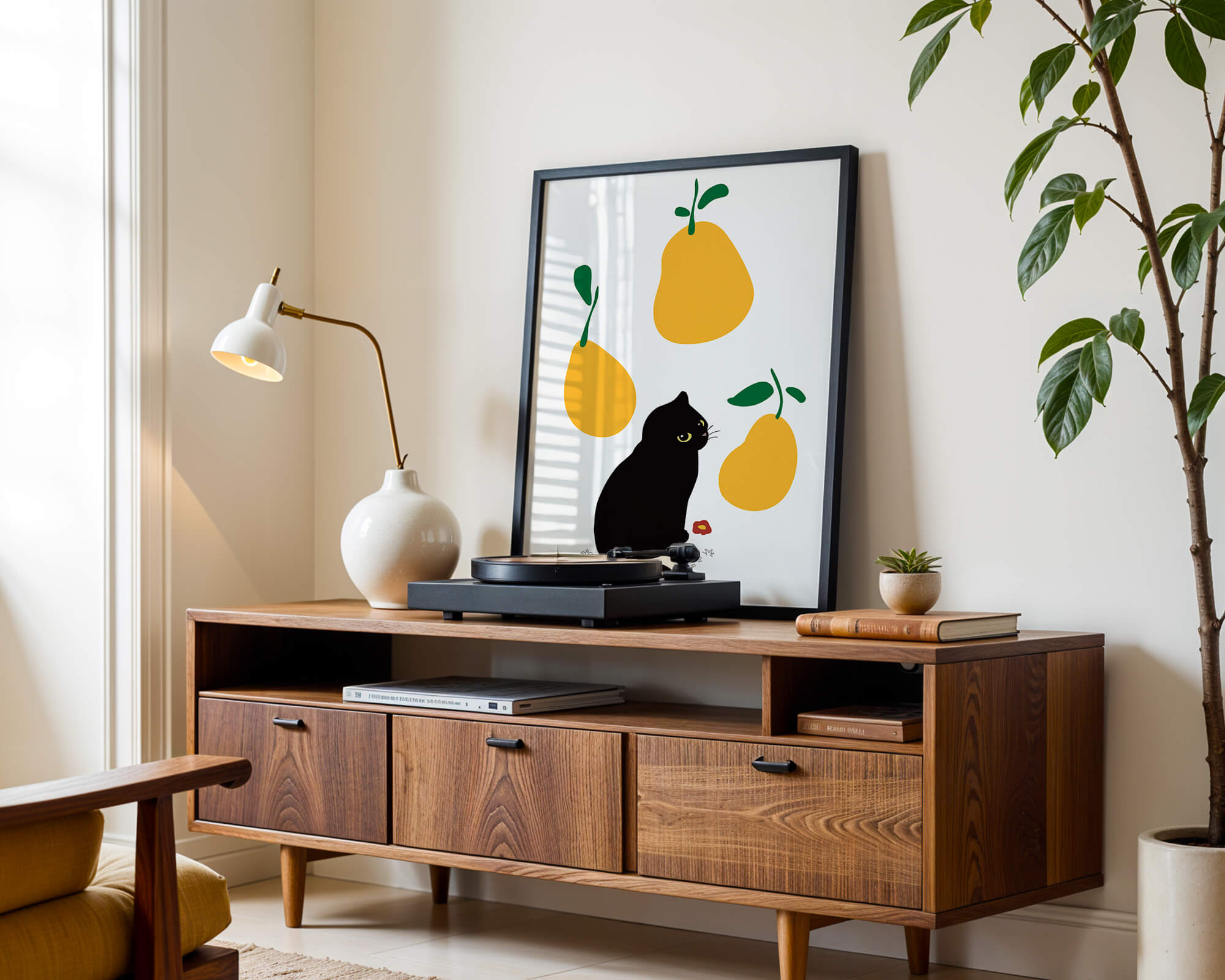Illustration of black cat with yellow pears and green leaves