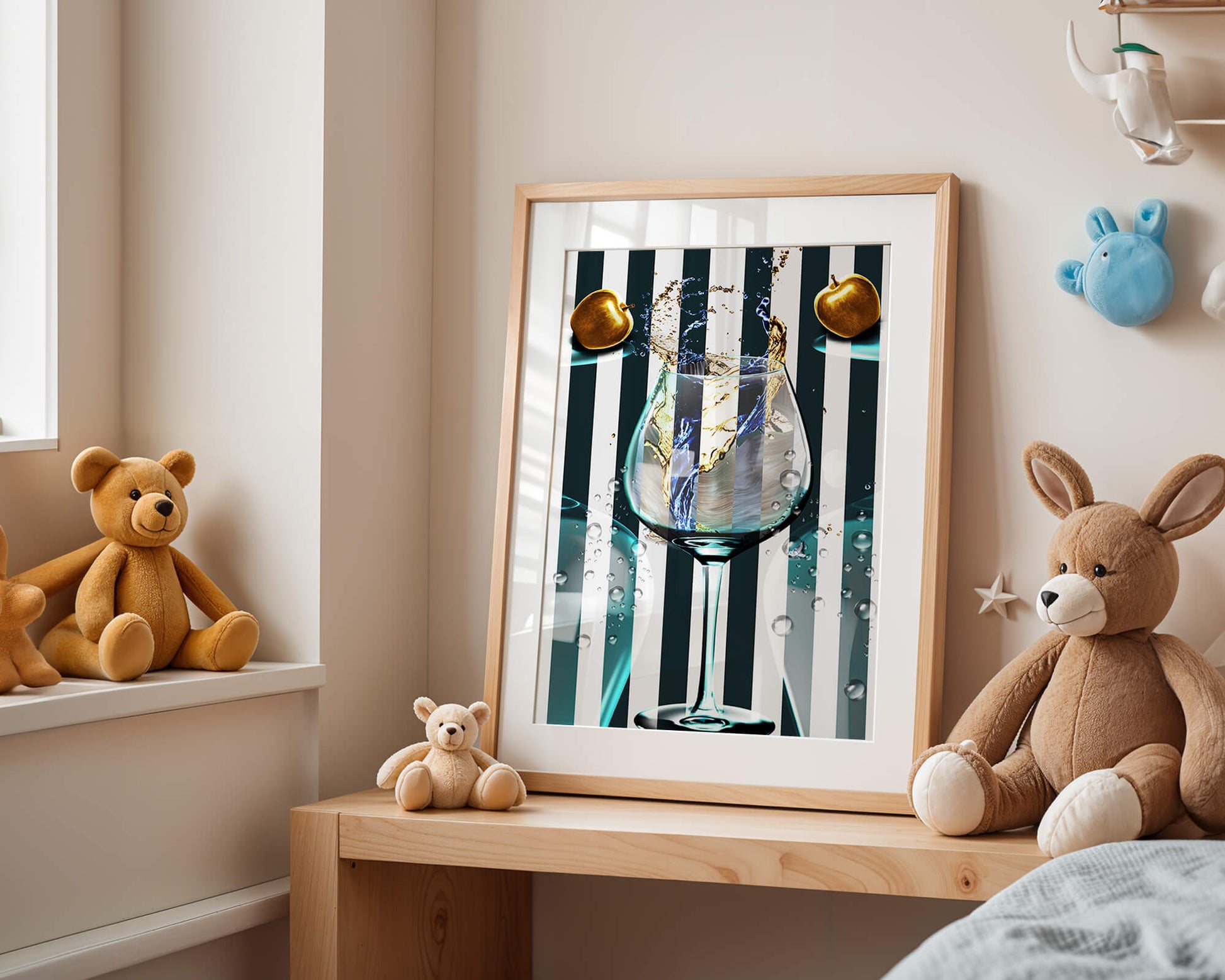 Elegant Glass of Champagne with Golden Apples and Striped Background