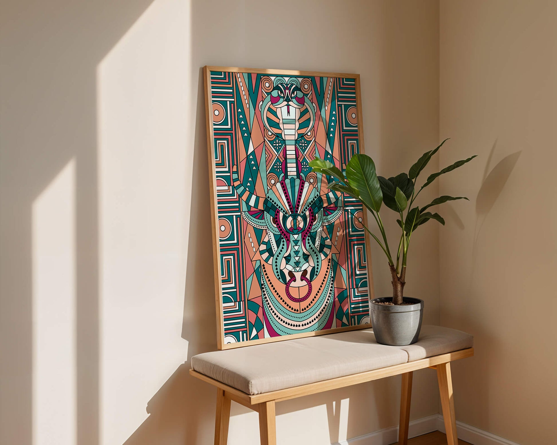 Colorful Geometric Animal and Snake Art Design with Tribal Patterns