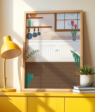 Cozy kitchen interior with wooden accents and potted plants
