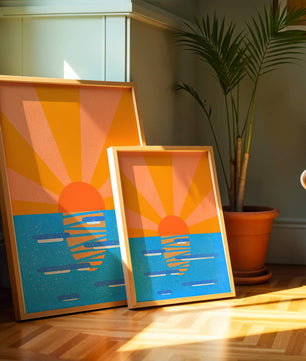 A vibrant sunrise illustration over the ocean with colorful rays