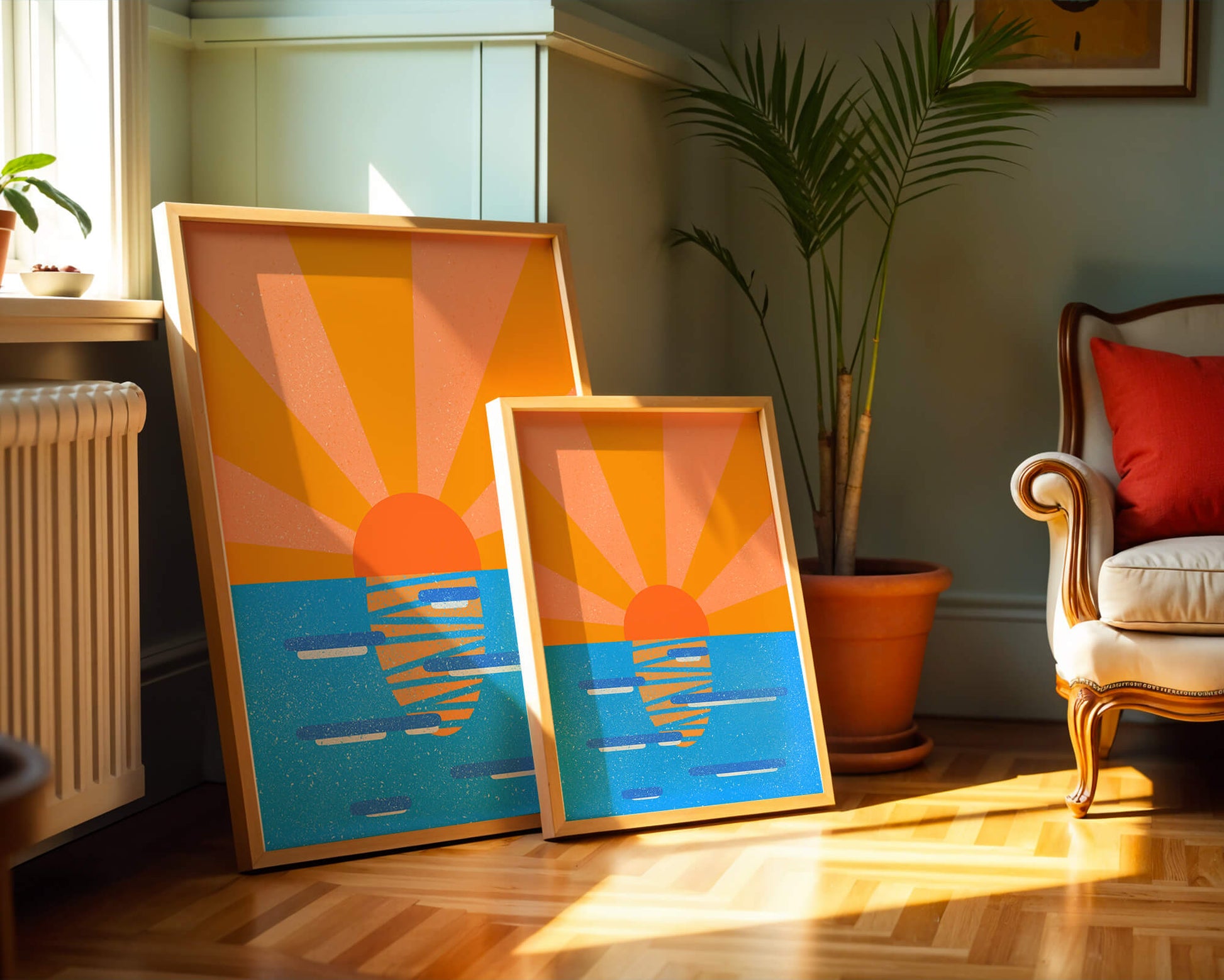 A vibrant sunrise illustration over the ocean with colorful rays