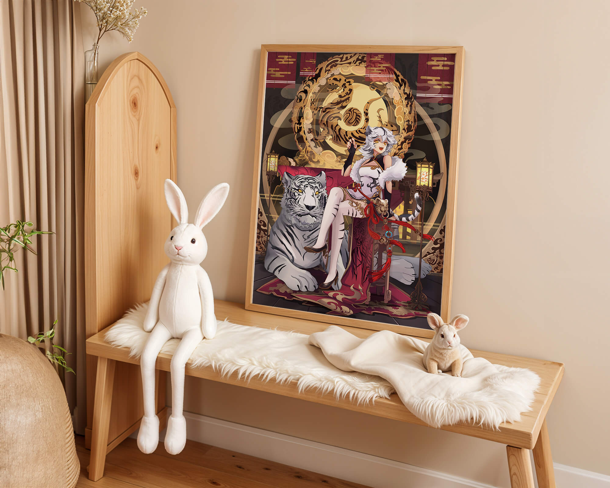 Elegant fantasy character with mystical tiger and ornate decor