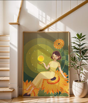 Elegant woman sitting on sunflowers in a celestial scene