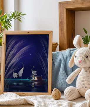 Serene night scene with graceful cranes and a magical boat ride