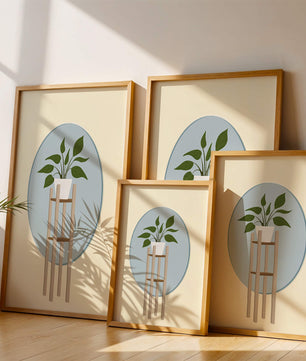 Illustration botanique moderne d'une plante en pot sur un support en bois