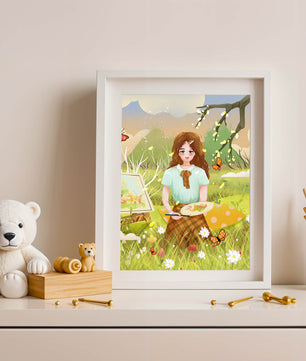 Ilustración de una chica pintando al aire libre rodeada de mariposas y flores