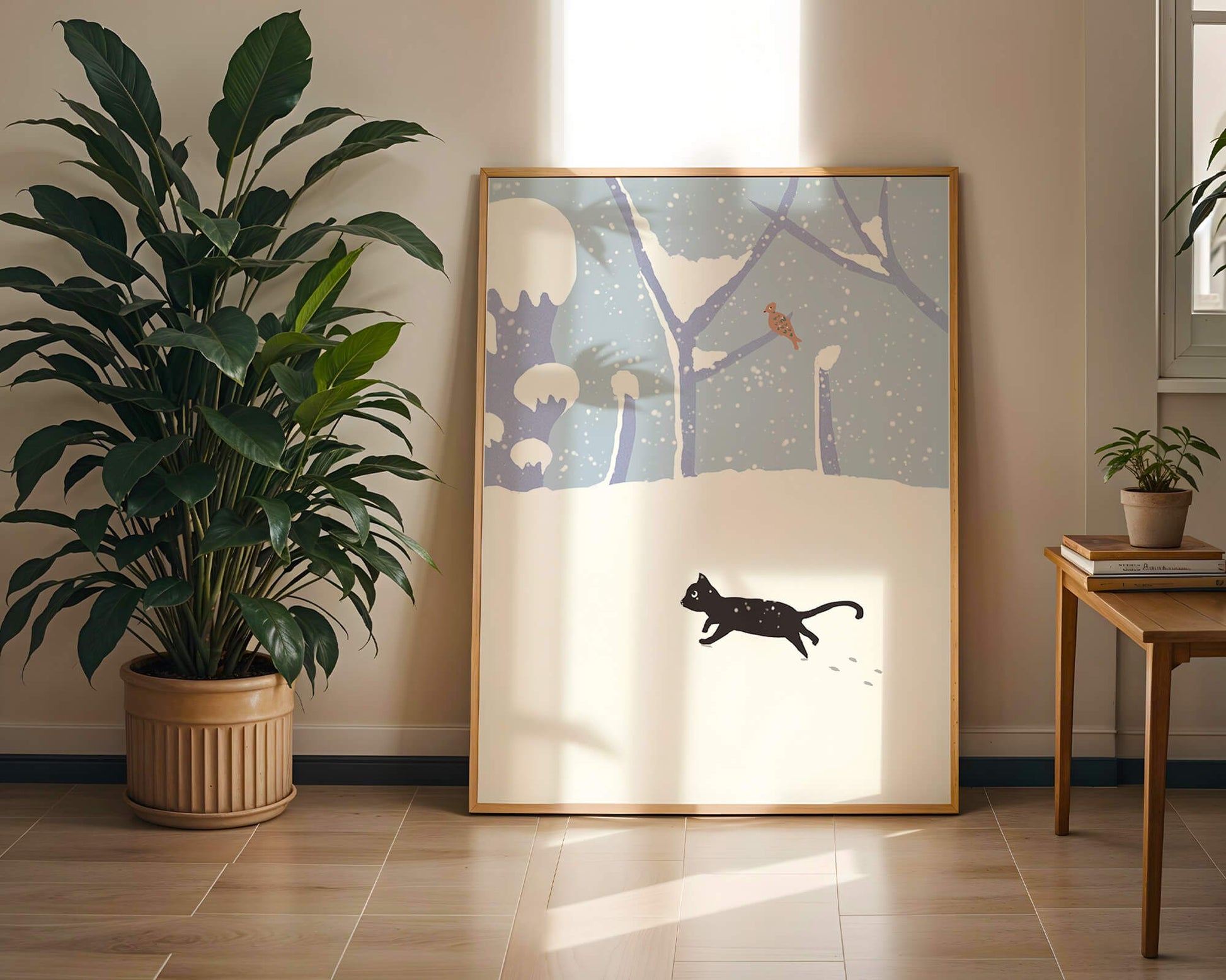 Illustrated snowy landscape with playful black cat and bird in winter scenery