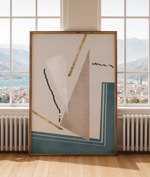 Abstraktes geometrisches Kunstwerk mit goldenen Elementen