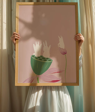 Whimsical Rabbits on Lotus with Pink Background
