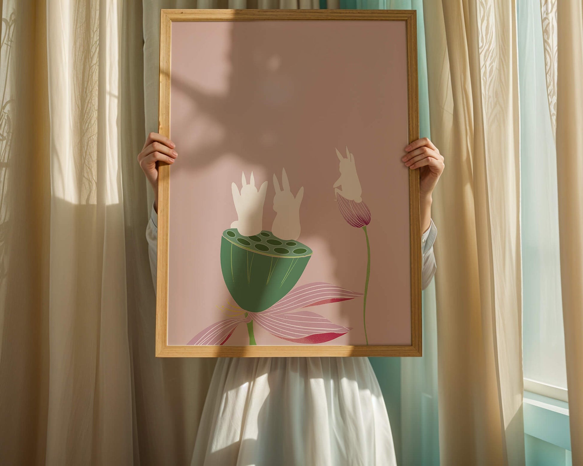 Whimsical Rabbits on Lotus with Pink Background