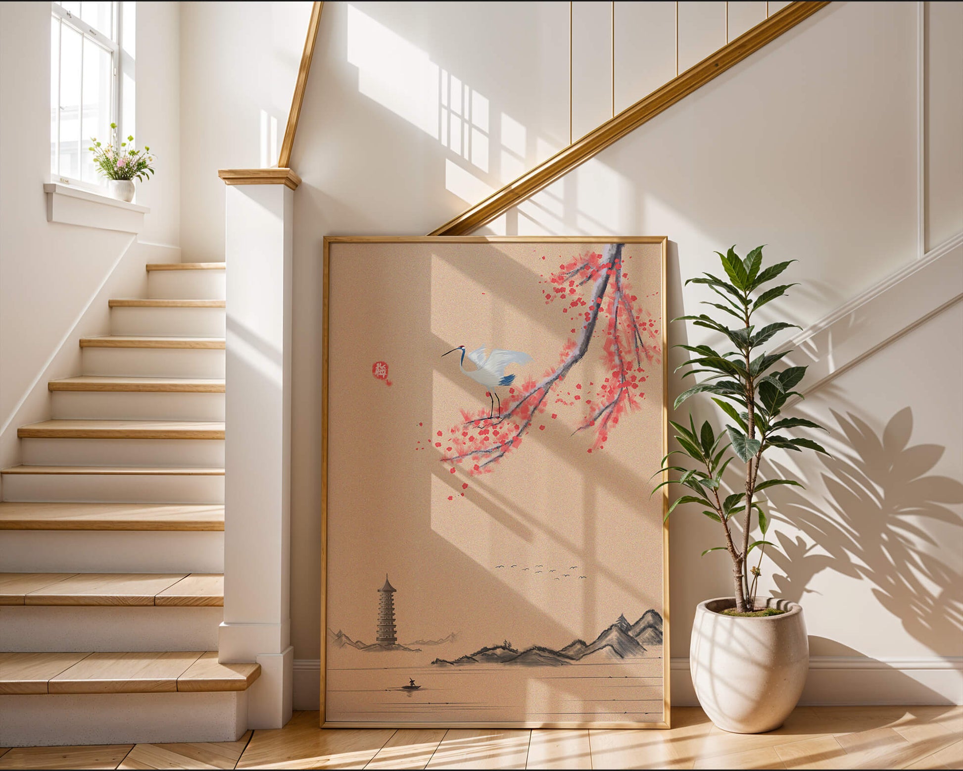 Serene landscape with crane and cherry blossom branch in East Asian style