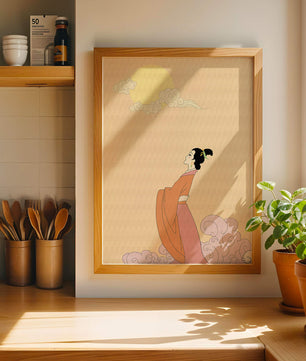 Elegant Woman in Traditional Dress with Moon and Clouds