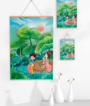 Charming illustration of children on a boat in a lush lotus pond