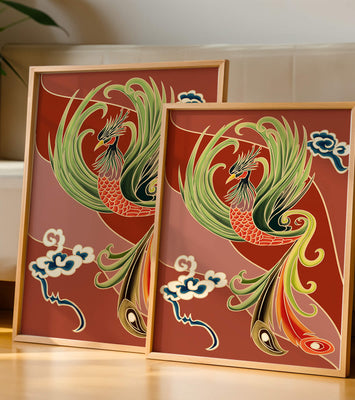 Stylized phoenix illustration with vibrant colors and clouds
