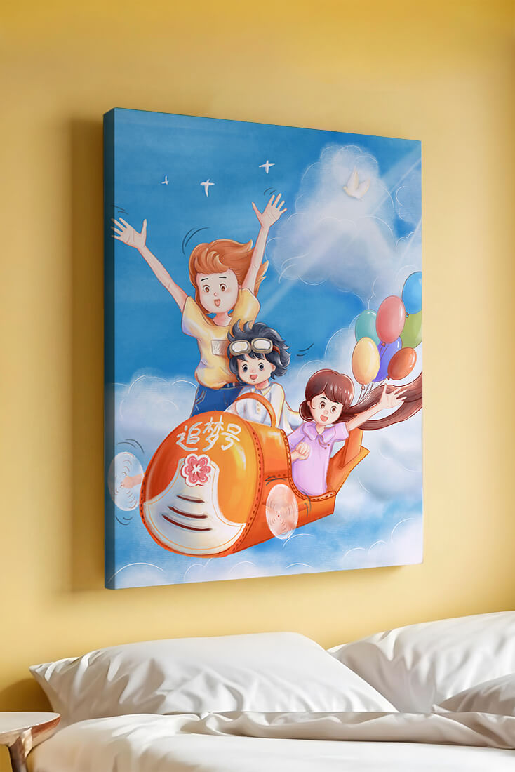 Children's adventure in sky with balloons and playful aircraft