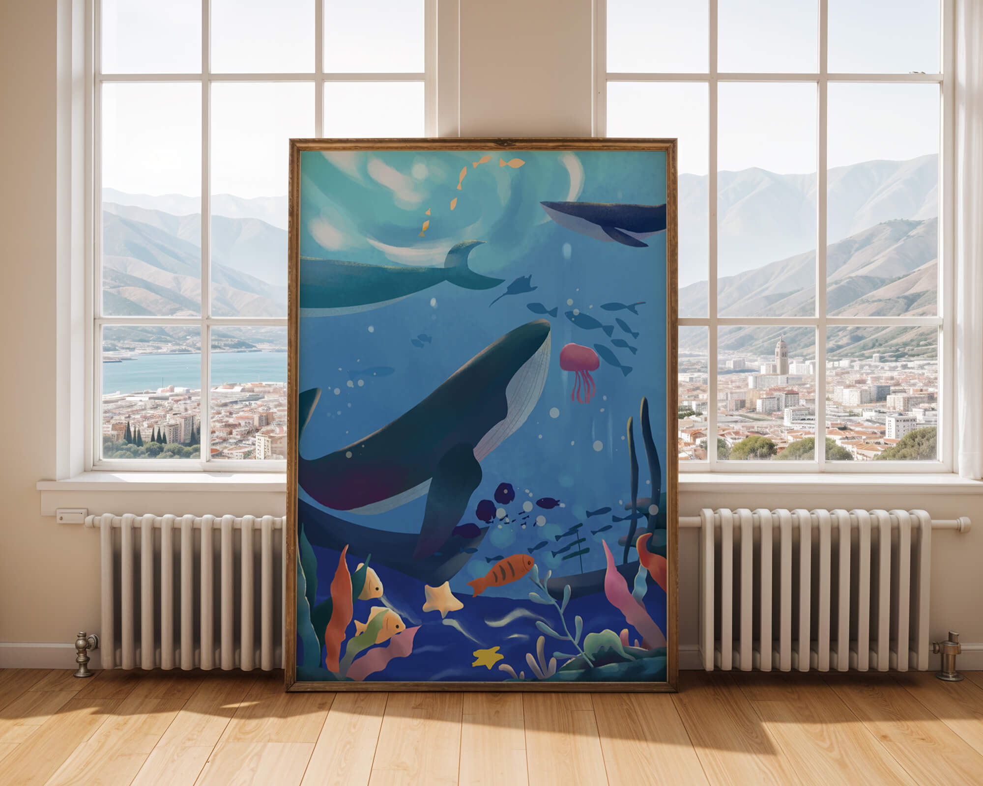 Underwater scene with whales, fish, and coral reef