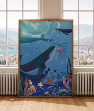 Escena submarina con ballenas, peces y arrecife de coral