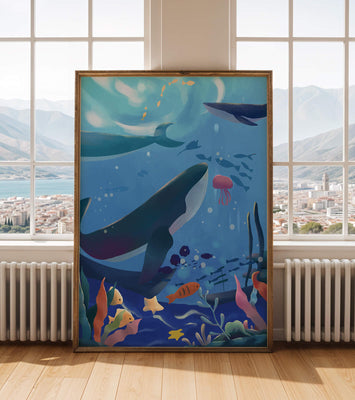 Underwater scene with whales, fish, and coral reef