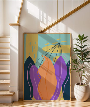Abstract floral illustration with vibrant colors and geometric shapes