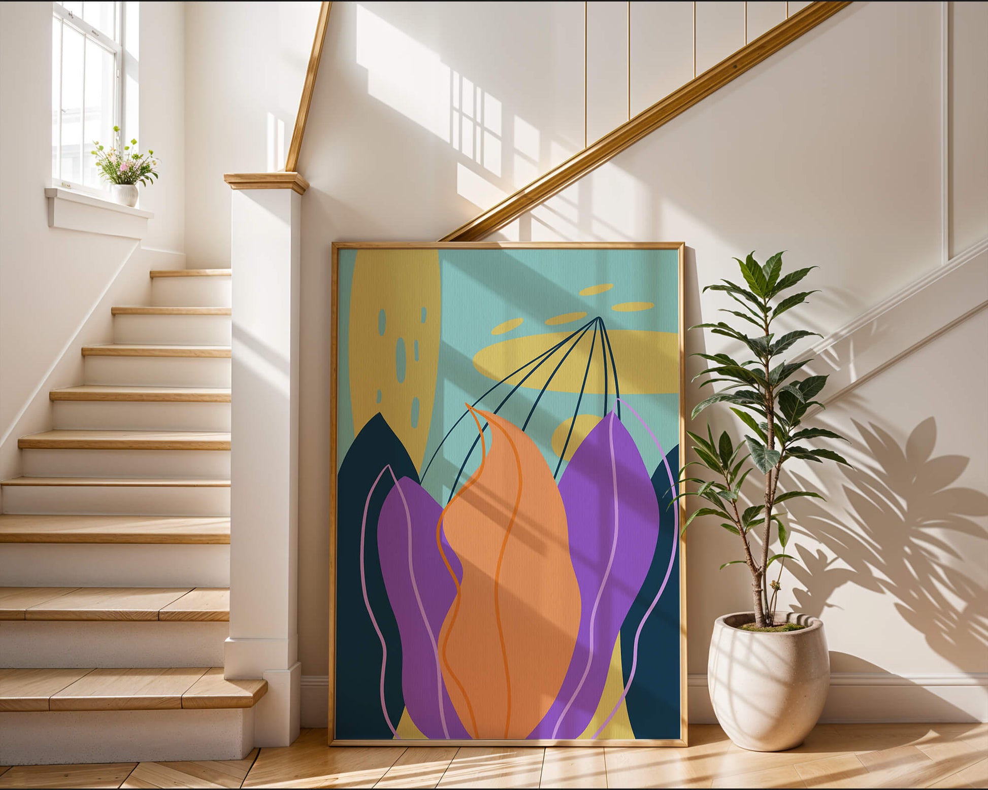 Abstract floral illustration with vibrant colors and geometric shapes