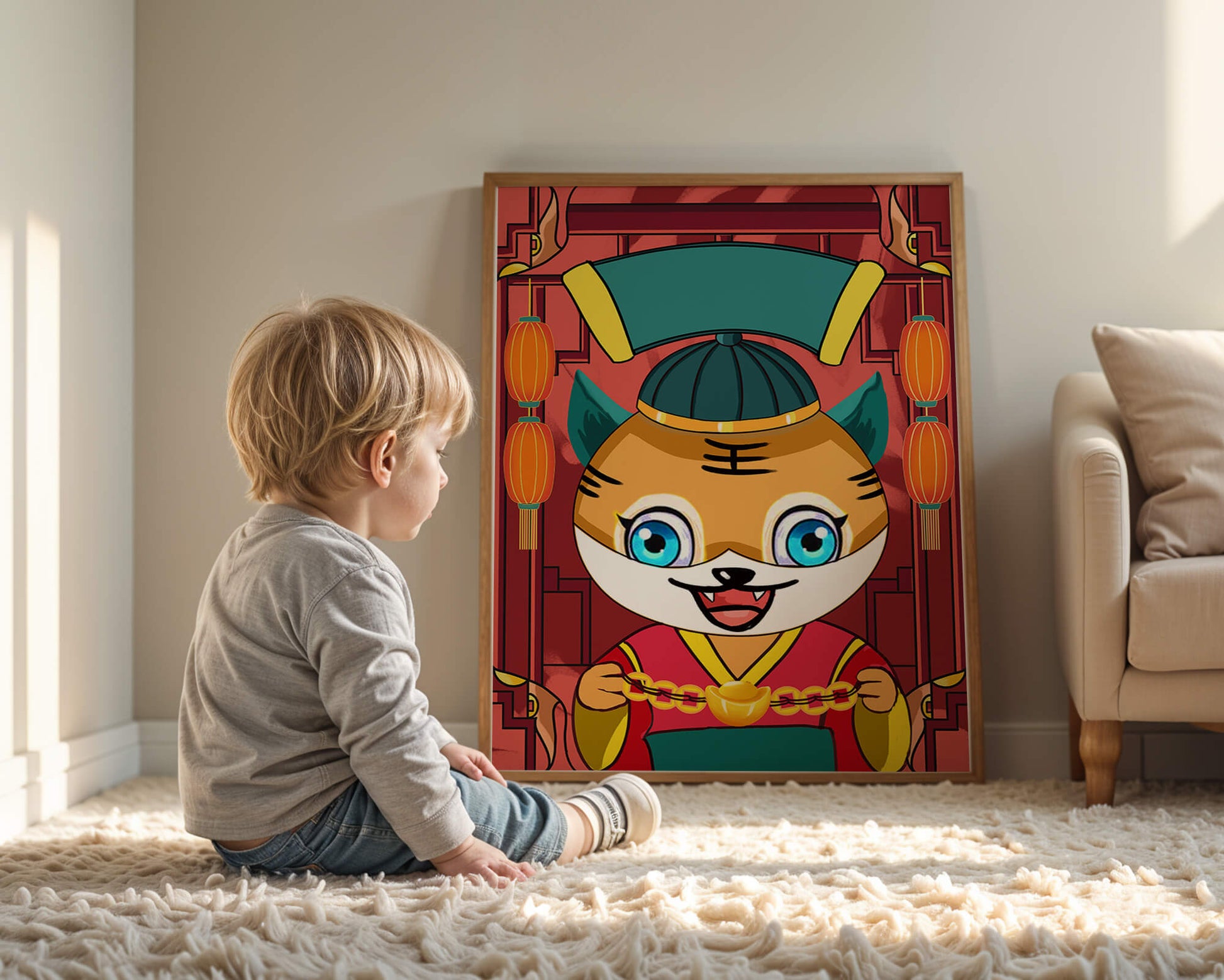 Colorful cartoon tiger with lanterns and traditional elements