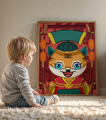 Colorful cartoon tiger with lanterns and traditional elements