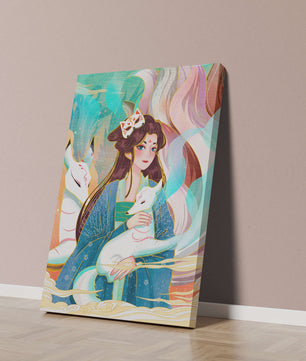 Œuvre de fantasy élégante mettant en scène une figure mystique accompagnée de renards et de couleurs vibrantes