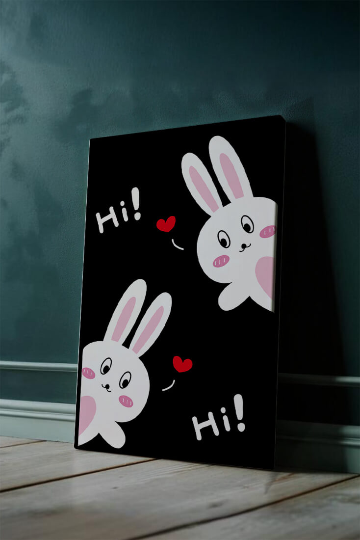 Charming bunny illustration with hearts on black background