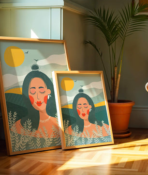 Portrait féminin abstrait et serein avec des éléments de nature
