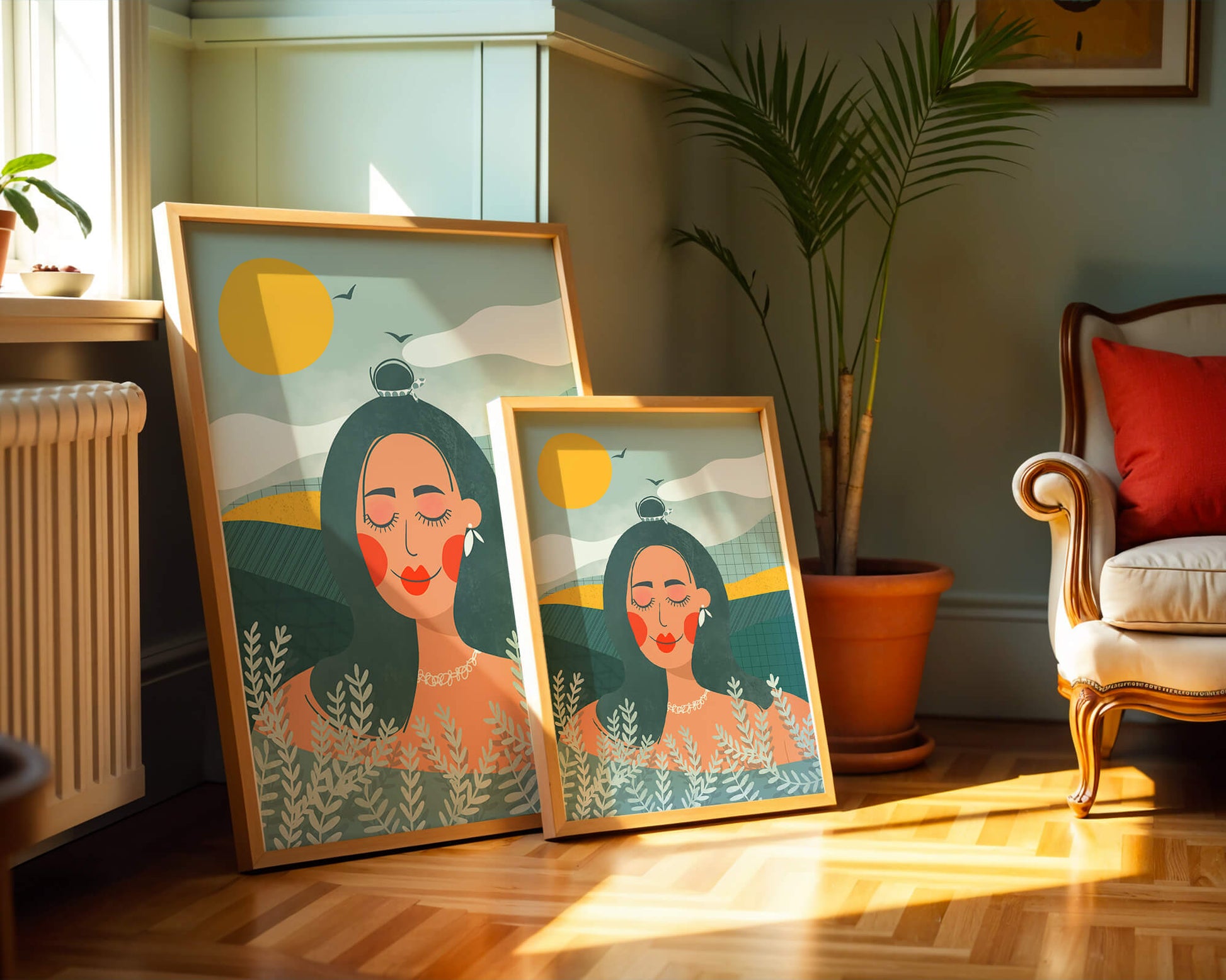 Portrait féminin abstrait et serein avec des éléments de nature